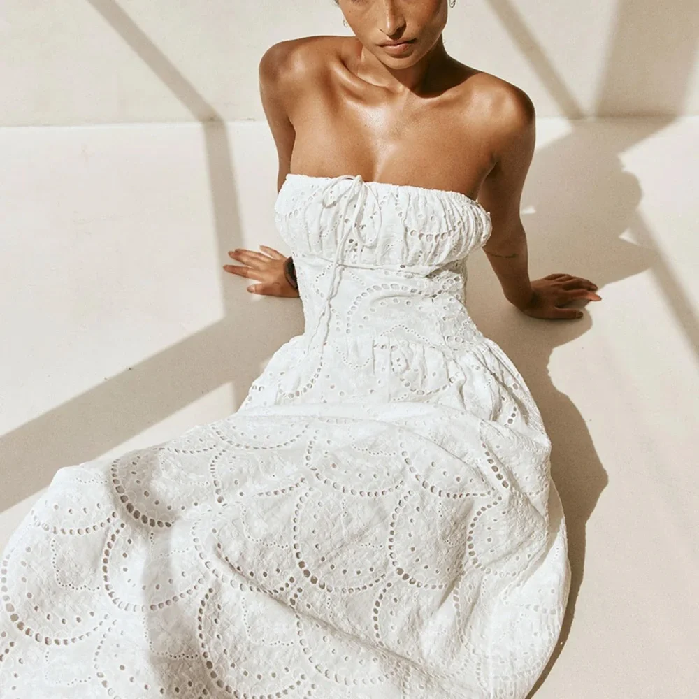 Strapless White Eyelet Midi Dress - Picture 3 of 5